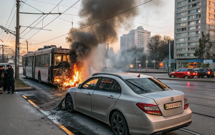 В Краснодаре легковушка врезалась в троллейбус и загорелась в центре города
