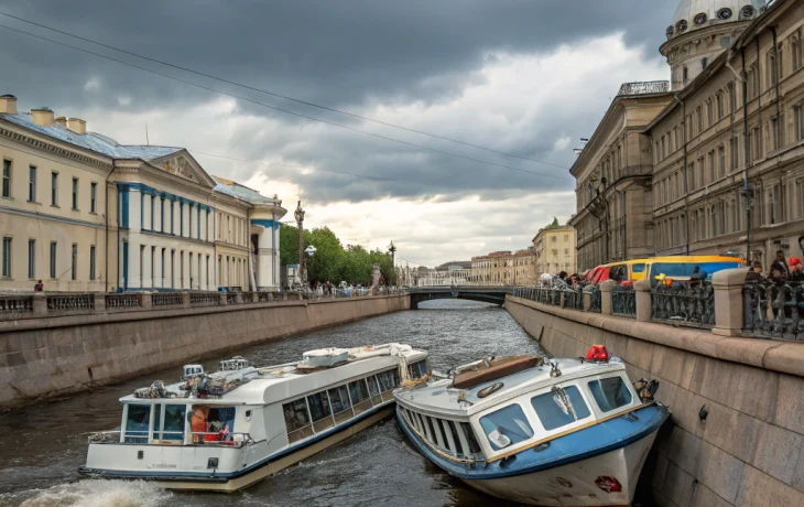 На реке Фонтанка в Петербурге столкнулись два теплохода