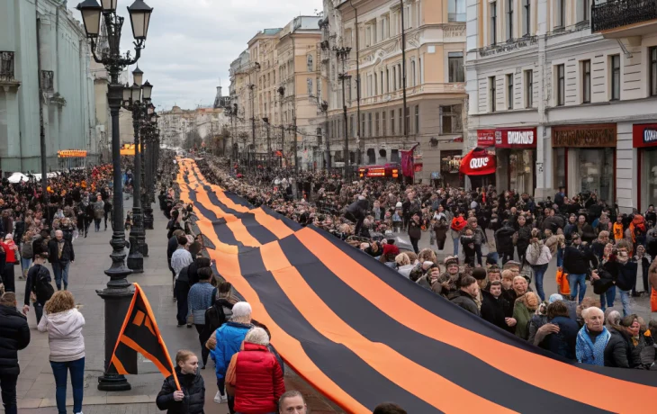 На Арбате развернули 80-метровую георгиевскую ленту в честь годовщины Победы